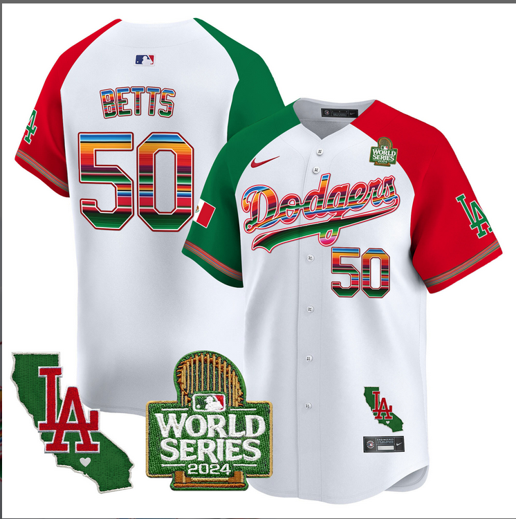 Men MLB Mexico Los Angeles Dodgers 50 betts white 2024 World Series Champions Patch Jersey 2024110 style 2